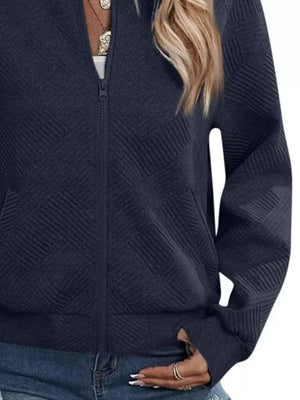 Textured Knit Zip-up Jacket in Green with ribbed