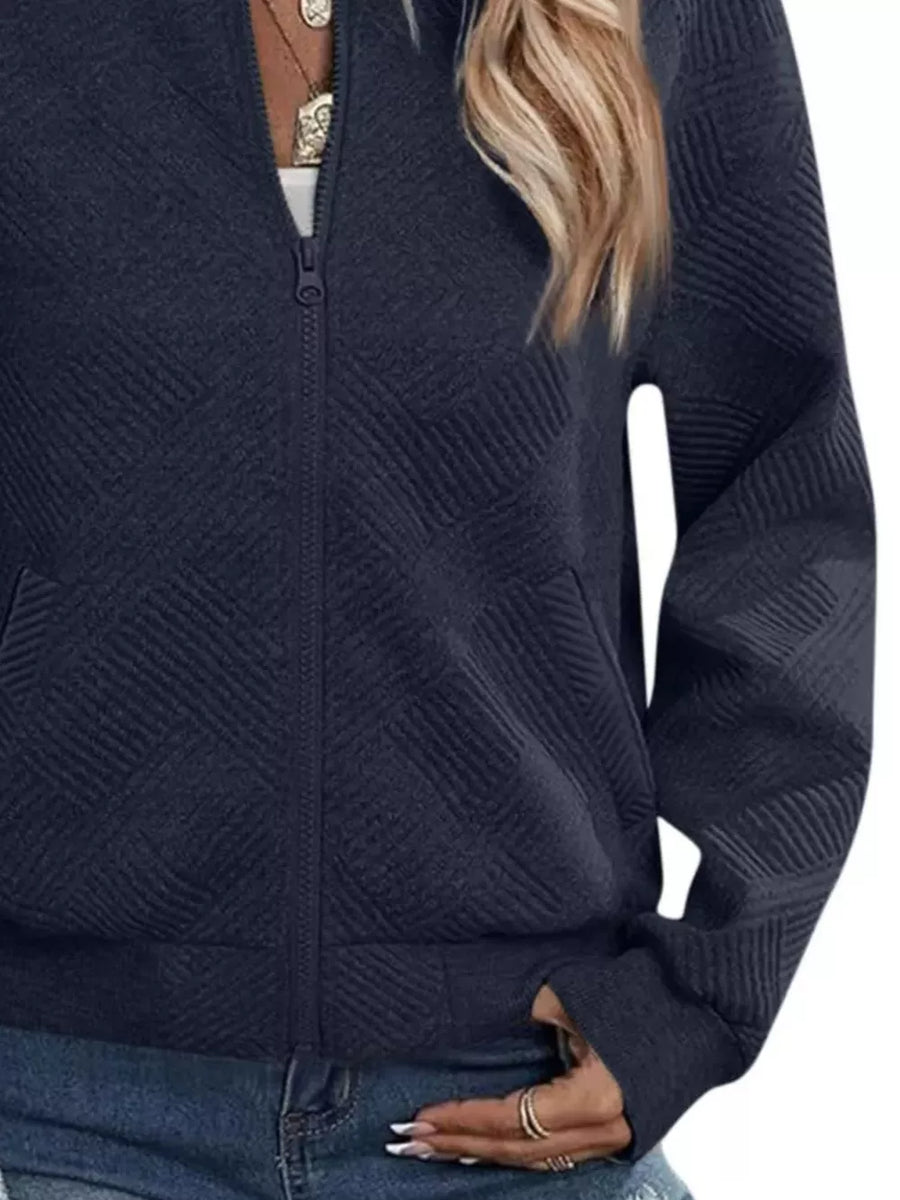 Textured Knit Zip-up Jacket in Green with ribbed