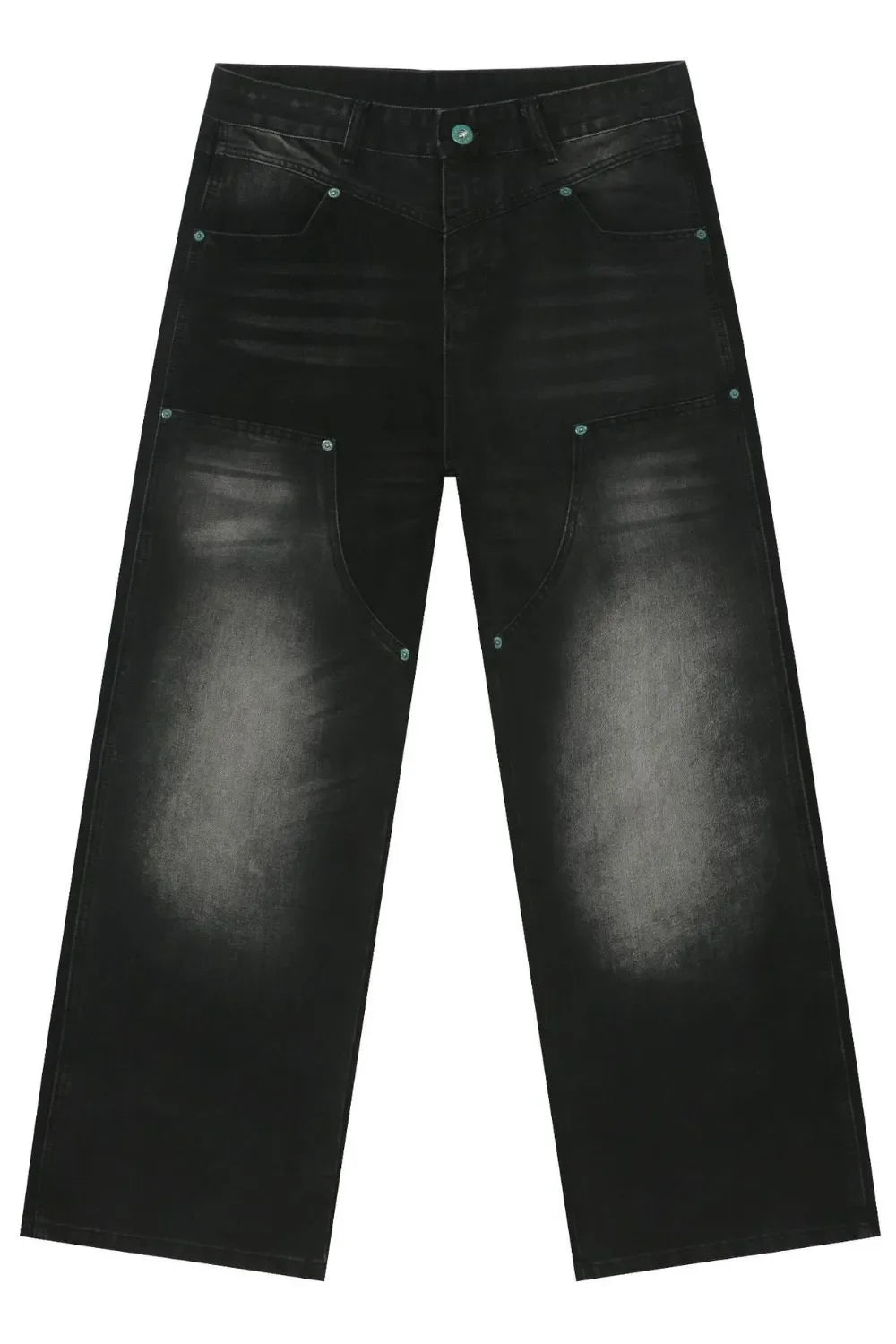 Faded wash wide-leg carpenter jeans in dark black denim with teal button details.