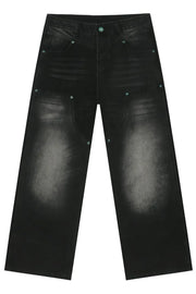 Faded wash wide-leg carpenter jeans in dark black denim with teal button details.