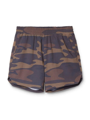 Performance drawstring running shorts in camouflage pattern with elastic waistband and pockets.