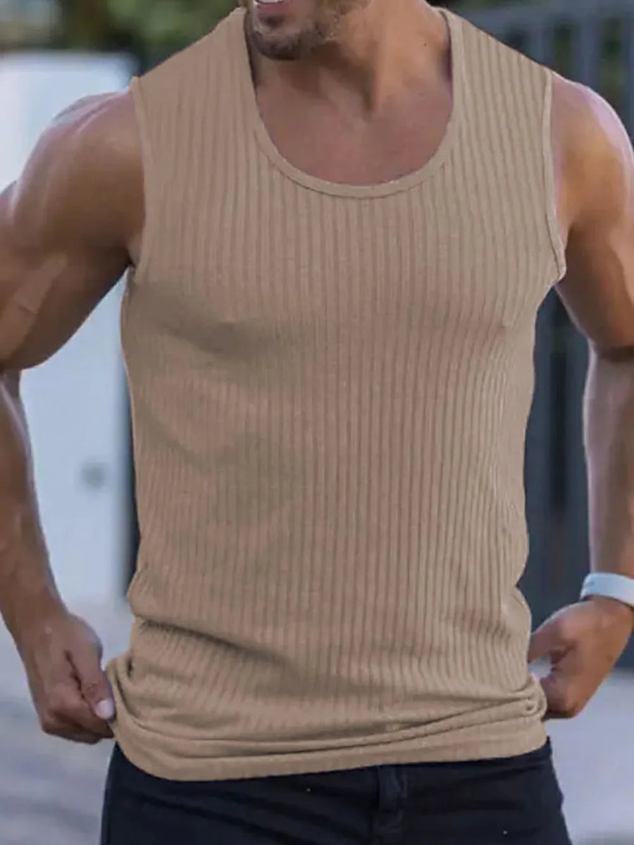 Khaki ribbed tank top with athletic fit and scoop neck.