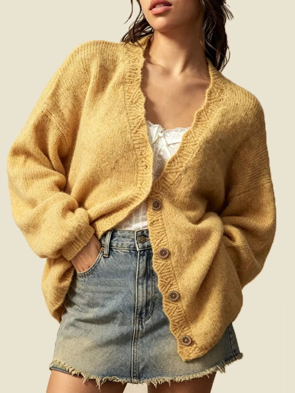 cardigan in mustard yellow featuring oversized and oversized fit