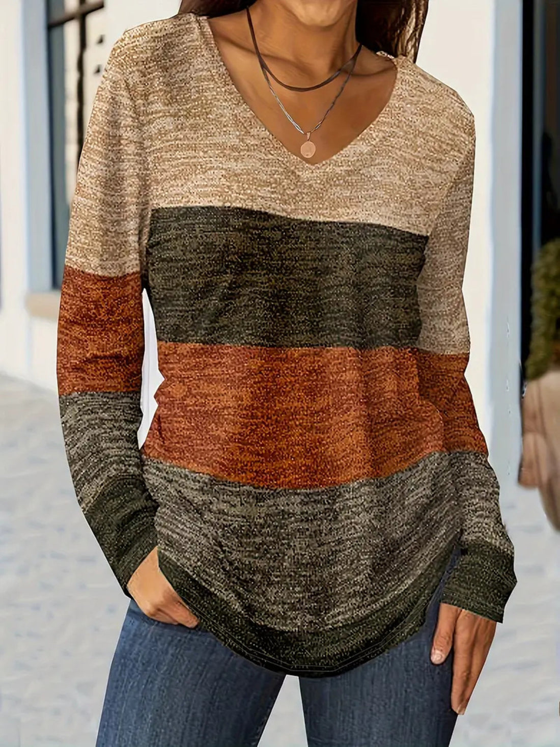beige t-shirt with color-block and v-neck