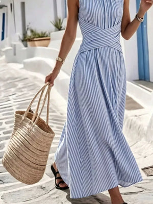 Light Green Full Size Striped Sleeveless Maxi Dress