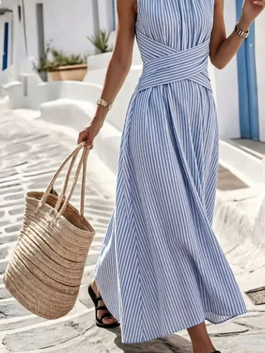 Light Green Full Size Striped Sleeveless Maxi Dress