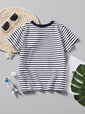 Toddler t-shirt with navy and white horizontal stripes, crew neck, short sleeves, cotton.