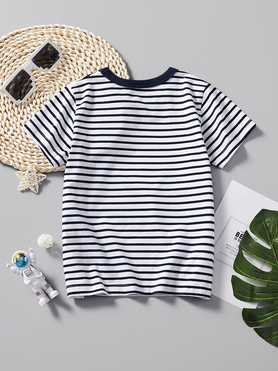 Toddler t-shirt with navy and white horizontal stripes, crew neck, short sleeves, cotton.