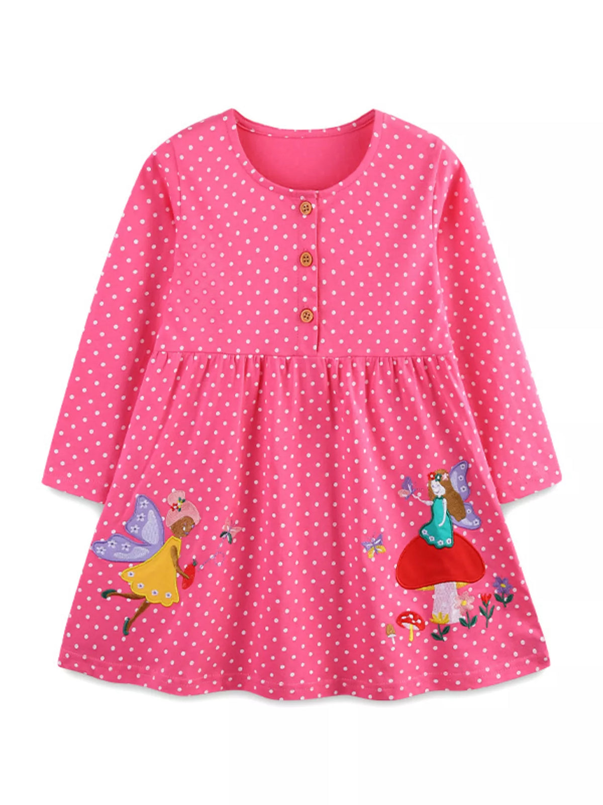 Strawberry polka dot long sleeve baby dress with fairy embroidery and button front.