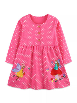 Strawberry polka dot long sleeve baby dress with fairy embroidery and button front.