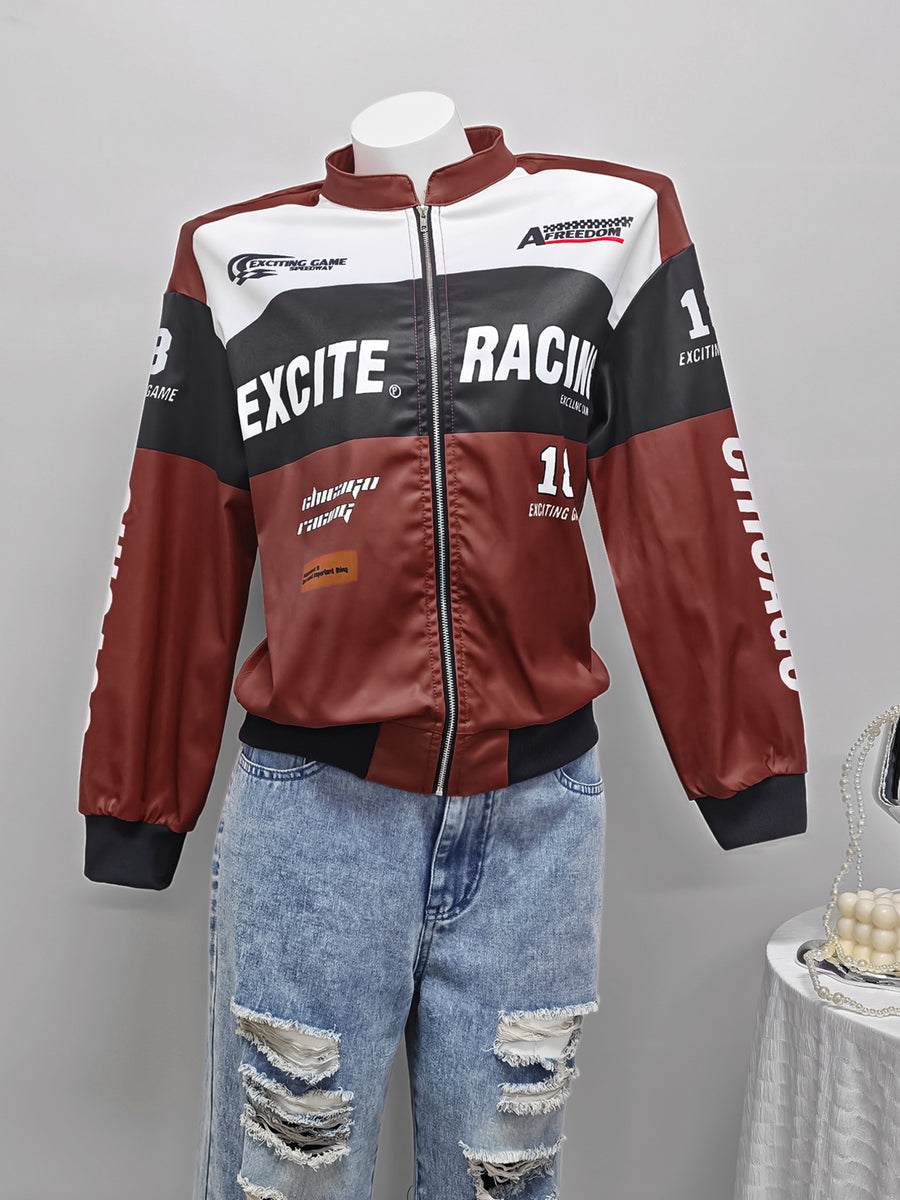 Red bomber jacket with zip-front and letter print