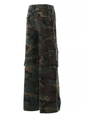 Men's cargo pants with bold camouflage print, featuring multiple cargo pockets and belt loops.