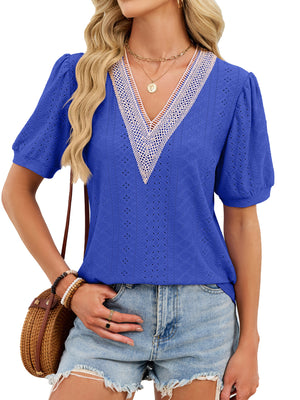 Blue eyelet V-neck t-shirt with lace trim and puff sleeves