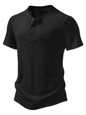 Men's black ribbed short sleeve henley t-shirt with button placket.