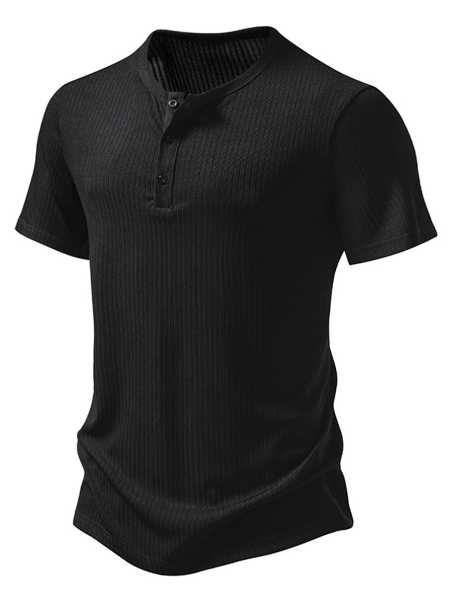 Men's black ribbed short sleeve henley t-shirt with button placket.