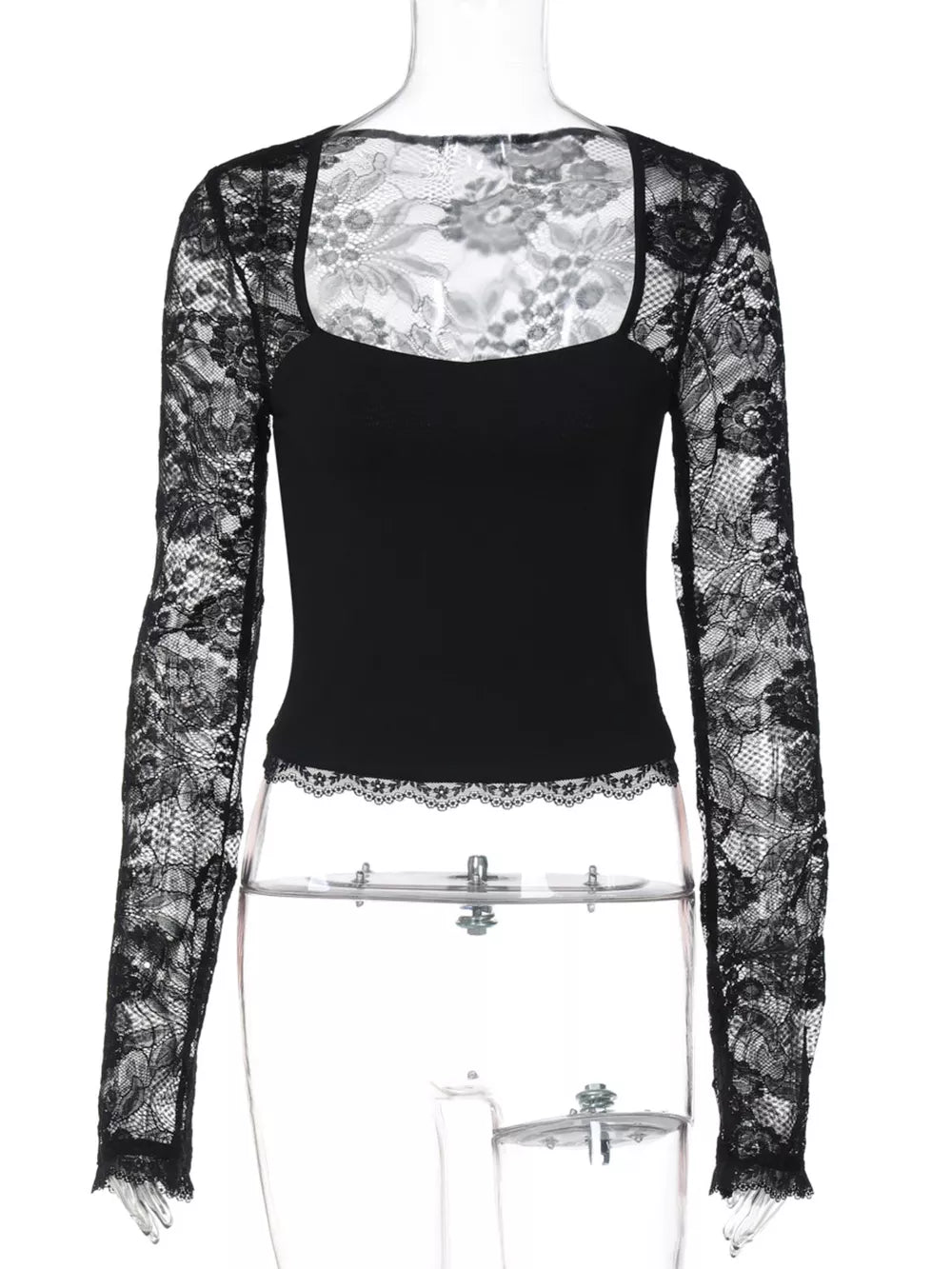 Black lace-embellished square neck t-shirt with long sleeves and cropped hem.