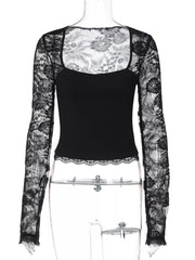 Black lace-embellished square neck t-shirt with long sleeves and cropped hem.