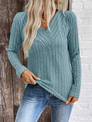 Grey with Ribbed V-neck Long Sleeve T-shirt