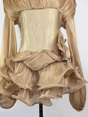 Gold ruffled mini dress with corset waist and sheer sleeves.