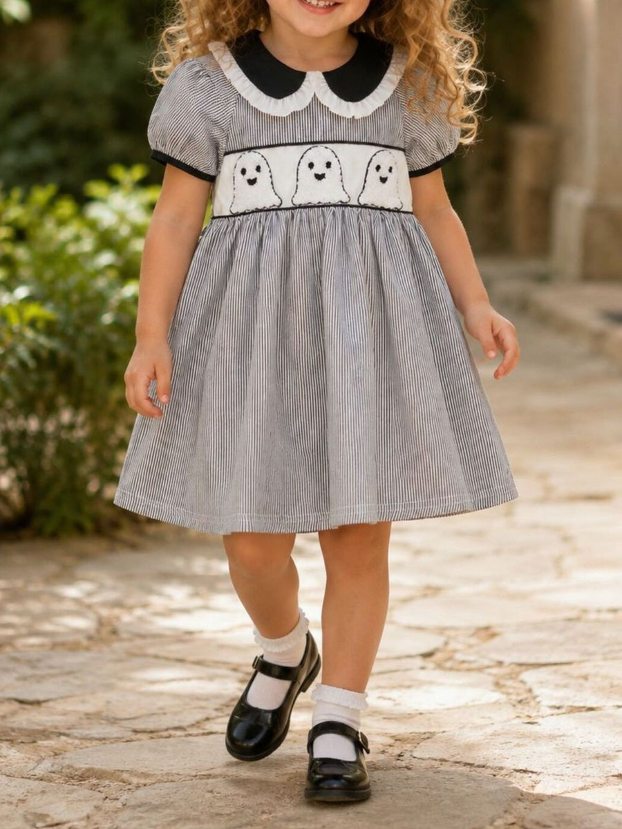 white A-line dress featuring ruffled and striped