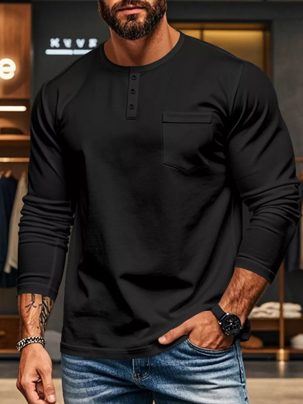 Black long sleeve henley t-shirt with chest pocket and button placket.