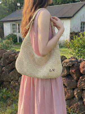 Ivory with Woven Casual Beach Shoulder Bag in Ivory