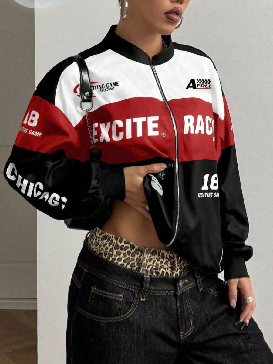 white bomber jacket featuring zipper and letter print