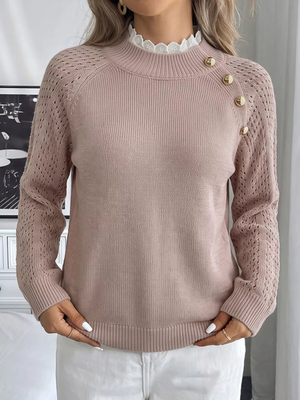 blush pink mock neck sweater with openwork and mock neck