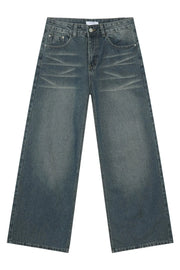 Wide leg vintage wash denim jeans in dark blue with a relaxed fit and faded details.