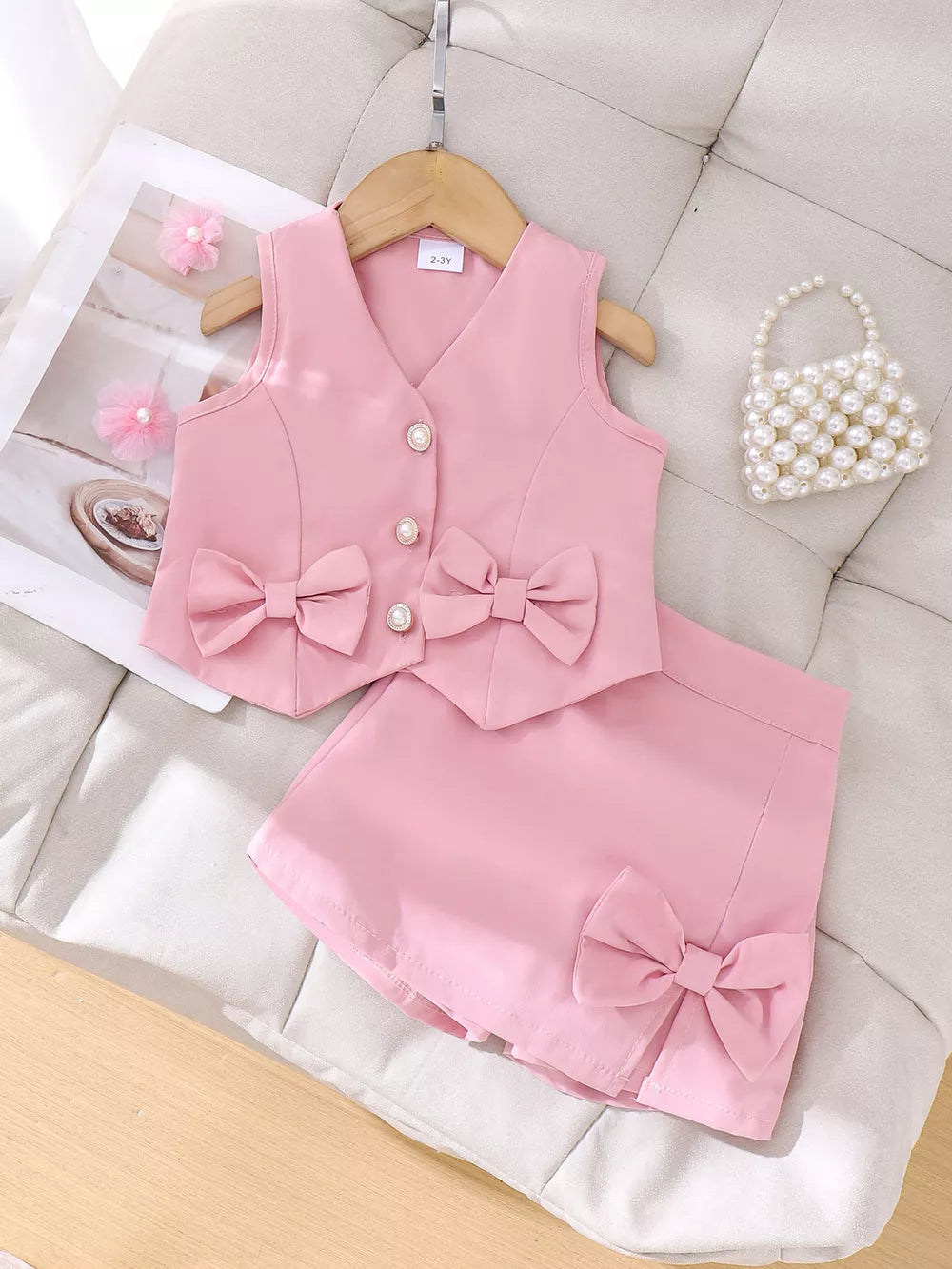 Pink Children's Bow Button Up Vest And Skirt Set