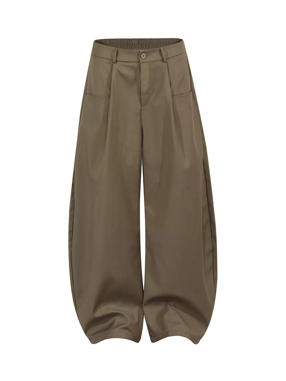 Brown pleated front wide-leg trousers with elastic waistband and adjustable fit.