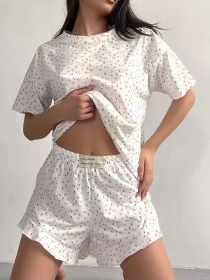 white pajama set with ditsy floral and round neck