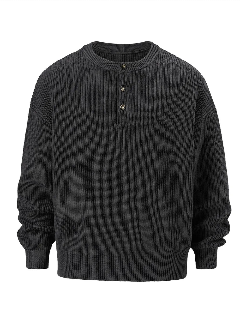 Dark gray ribbed knit henley sweater with button placket and oversized fit.