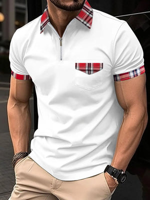 White zip polo shirt with plaid collar, pocket and sleeve trim