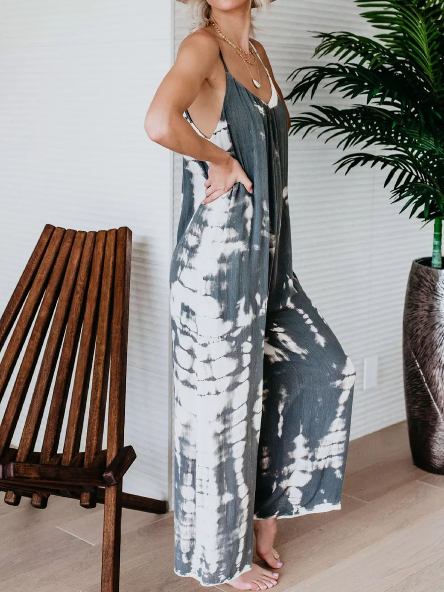 Gray and white tie-dye spaghetti strap wide-leg jumpsuit