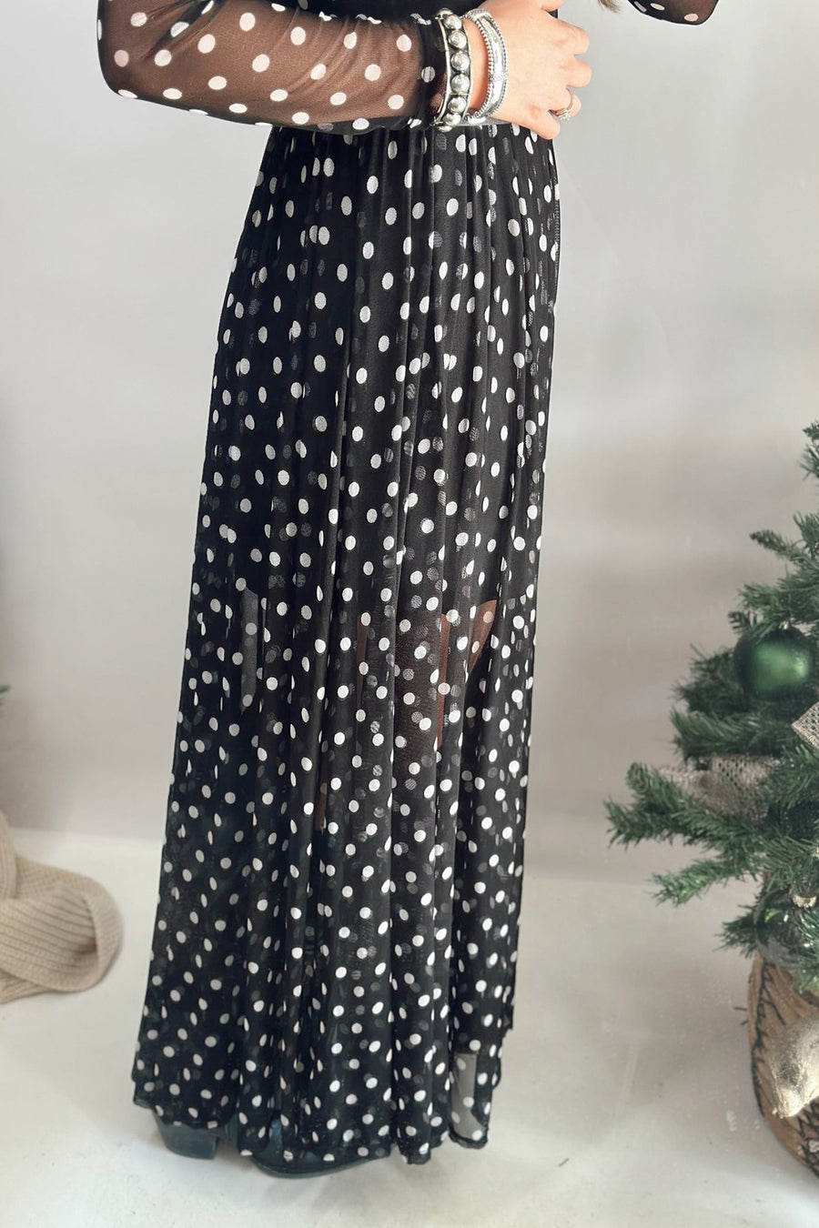 white maxi dress featuring mesh and polka-dot