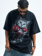 Black oversized cotton blend tee with vintage cat graphic and boxing gloves.