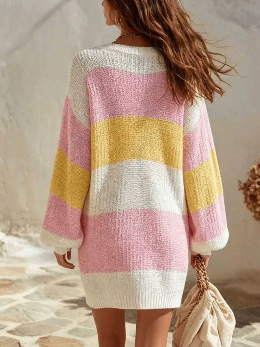sweater dress in light yellow with color-block and stretch