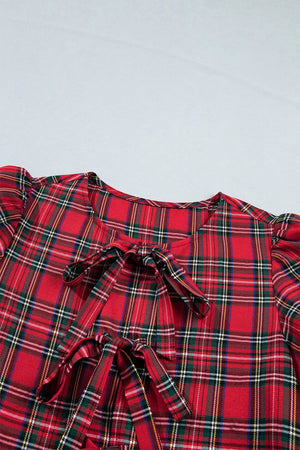 Plaid Knot Neck Short Sleeve Mini Dress option 6