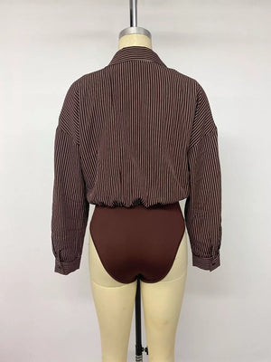 Striped Button-up Bodysuit in Brown, view 15