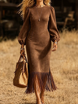 boho midi dress in Burgundy with round neck