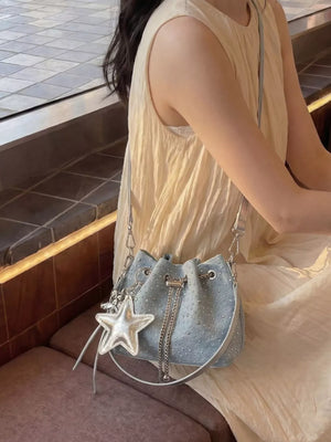 Blue with Drawstring Bucket Crossbody Bag in Blue