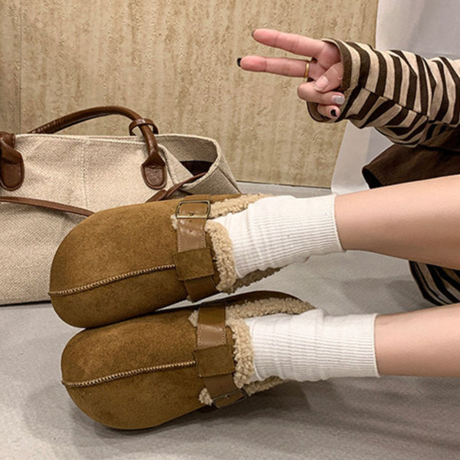 Buckle Round Toe Platform Slip-Ons in Coffee Brown with round toe