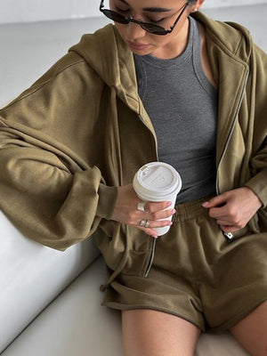 Oversized Zip-Up Hoodie And Shorts Set in Grey with raw hem