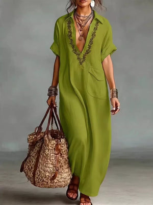 Full Size Bohemian Embroidered Maxi Dress in Apricot