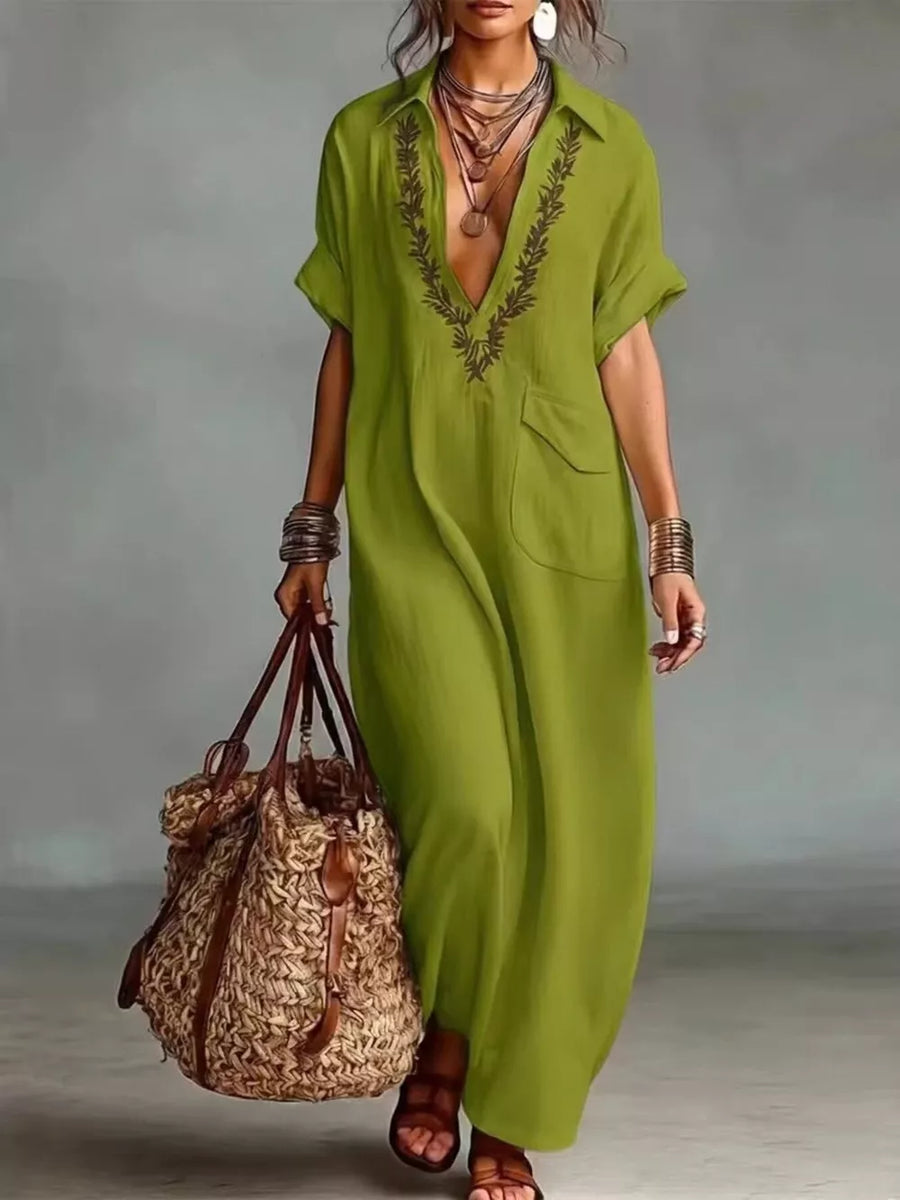Full Size Bohemian Embroidered Maxi Dress in Apricot