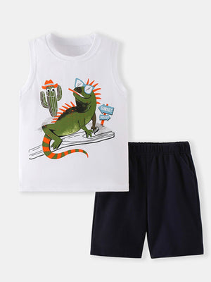 Toddler white cotton tank top with lizard graphic and navy shorts.