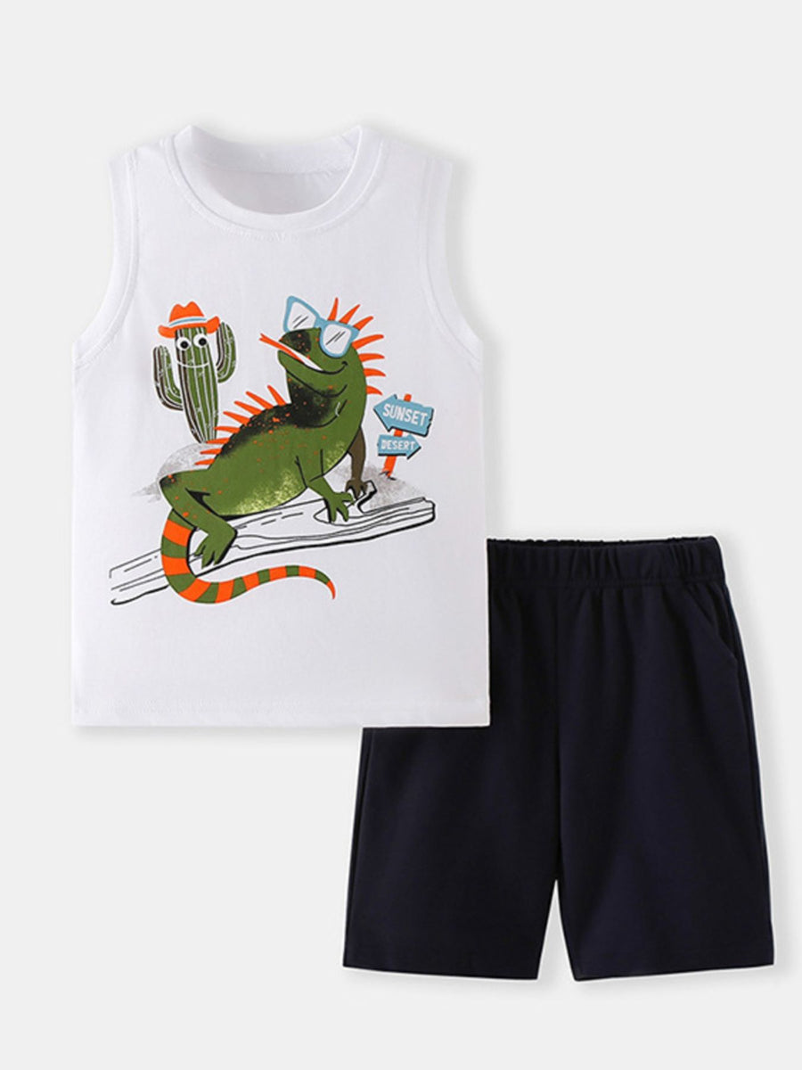 Toddler white cotton tank top with lizard graphic and navy shorts.