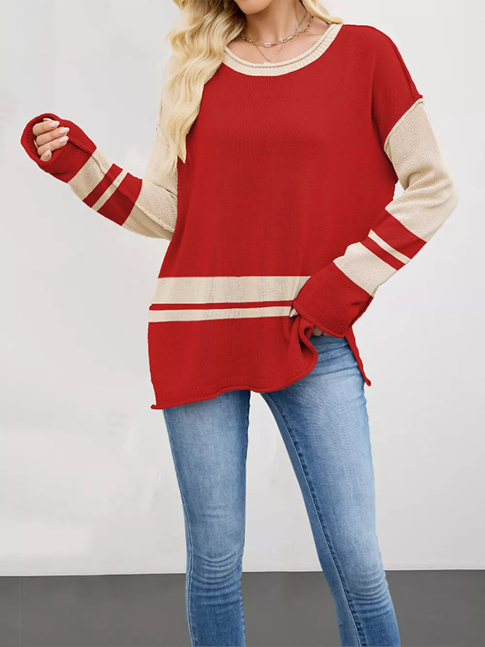 red pullover sweater with striped and crew neck