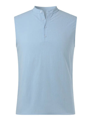Light blue sleeveless shirt with mandarin collar and button placket